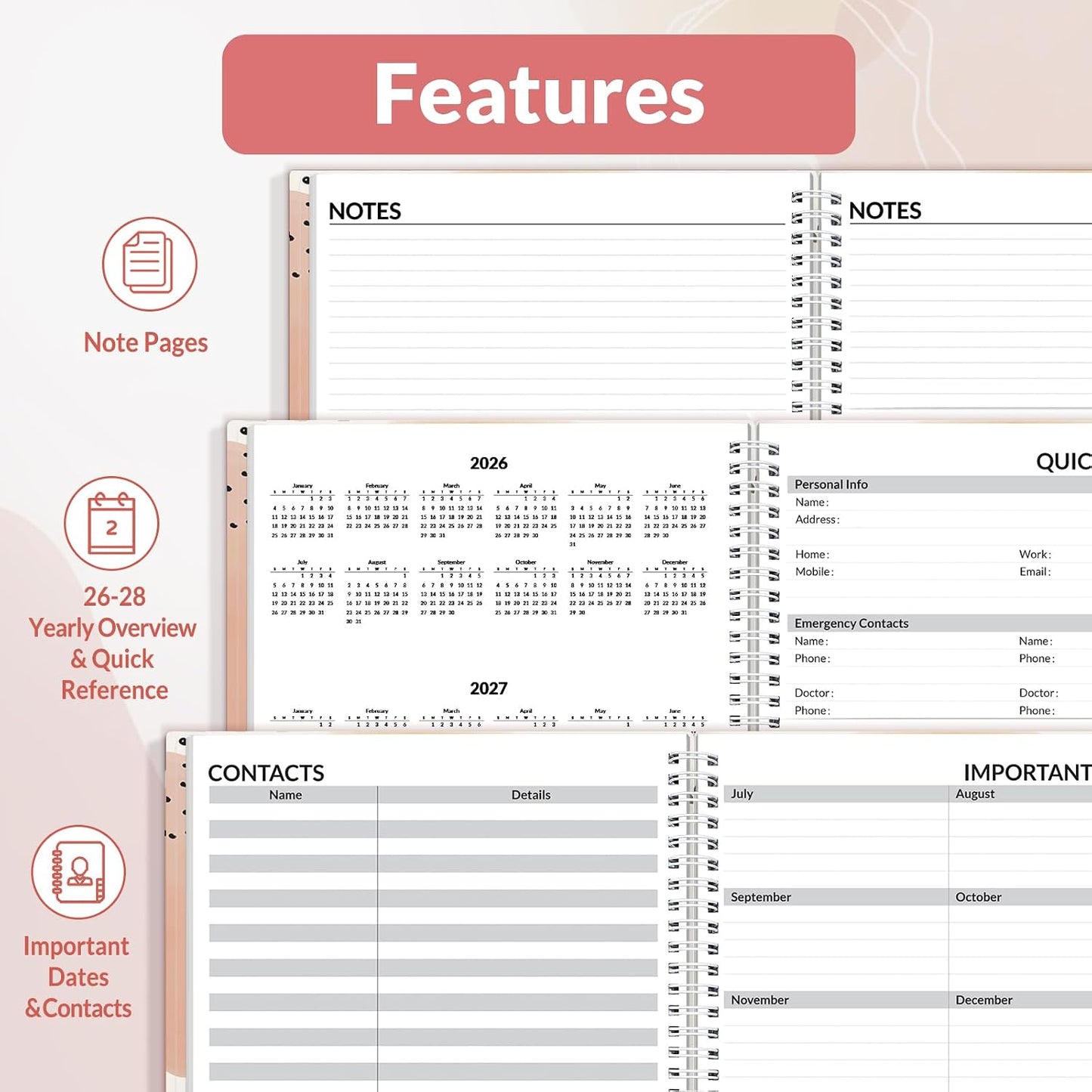 SUNEE Academic Planner 2026-2027 – Weekly & Monthly Planner, July 2026 to June 2027, 6.4"x8.3", Thick Paper, Tabs, Pockets, Bookmark, Spiral-Bound, Student Teacher Organizer, Black