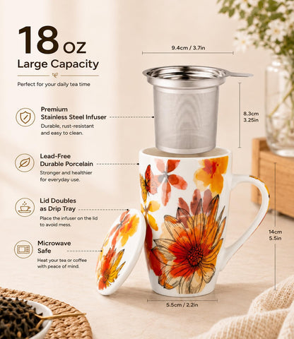GBhome Tea Mug with Infuser and Lid, 18 Ounce Large Ceramic Loose Leaf Cup, Microwave, Dishwasher Safe, Perfect for Tea Lovers