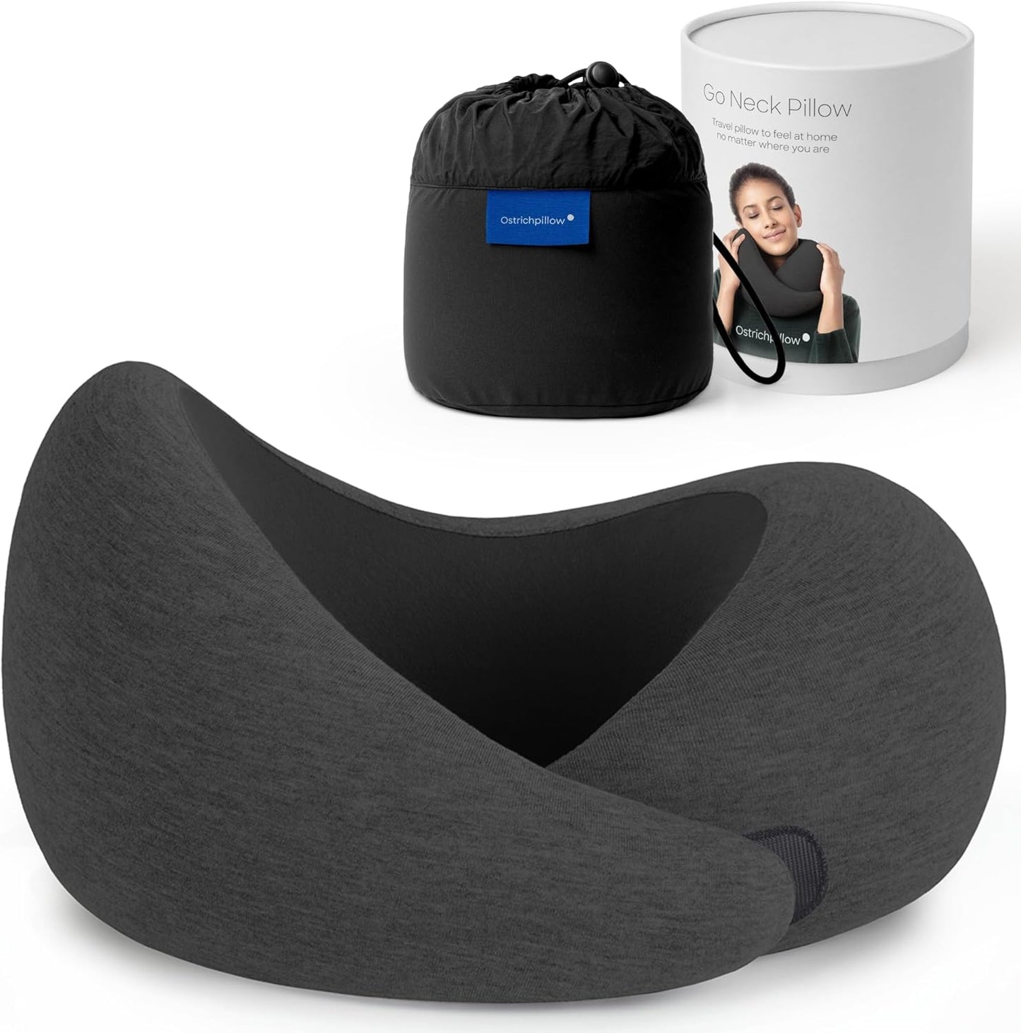 Ostrichpillow Go Neck Pillow, Travel Pillows for Airplanes, Premium Memory Foam Travel Pillow, 360º Ergonomic Design, Asymmetrical Sides, Travel Bag Included, Washable Modal Cover