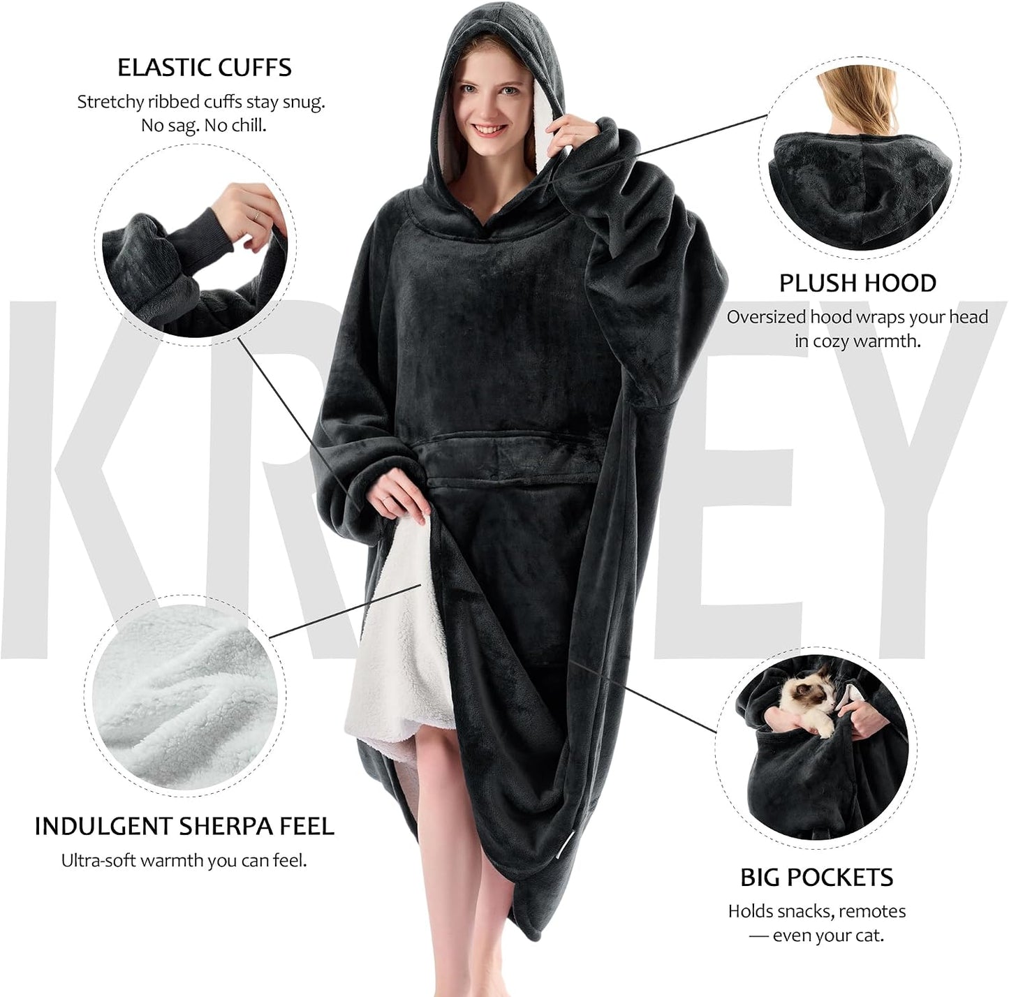 Krifey Wearable Blanket Hoodie, Oversized Sherpa Hooded Blanket for Adults | Soft sherpa fleece with sleeves and pocket; oversized fit for lounging, WFH, camping, Christmas and white elephant gifts.