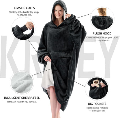 Krifey Wearable Blanket Hoodie, Oversized Sherpa Hooded Blanket for Adults | Soft sherpa fleece with sleeves and pocket; oversized fit for lounging, WFH, camping, Christmas and white elephant gifts.