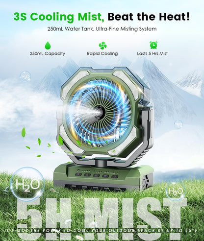 Camping Misting Fan, 24000mAh Portable Battery Powered Fan with Mist, Light