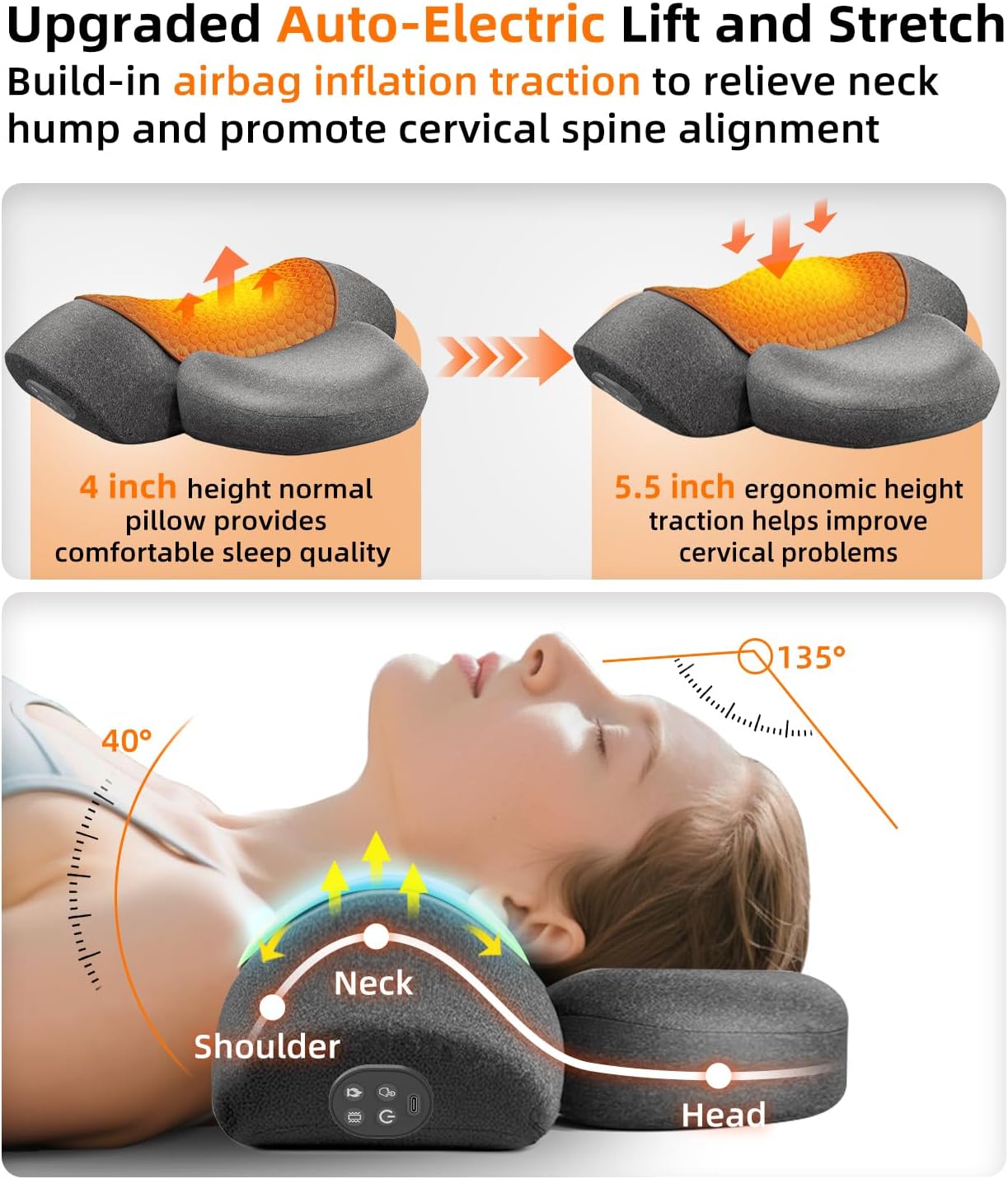 Upalled Cordless Heated Neck Massager Pillow for Pain Relief Deep Tissue, 3-in-1 Rechargeable Neck Cervical Traction Device with Heat, Massage, Electric Stretch, Ergonomic Shoulder Relaxer,Grey