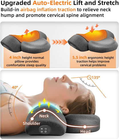 Upalled Cordless Heated Neck Massager Pillow for Pain Relief Deep Tissue, 3-in-1 Rechargeable Neck Cervical Traction Device with Heat, Massage, Electric Stretch, Ergonomic Shoulder Relaxer,Grey