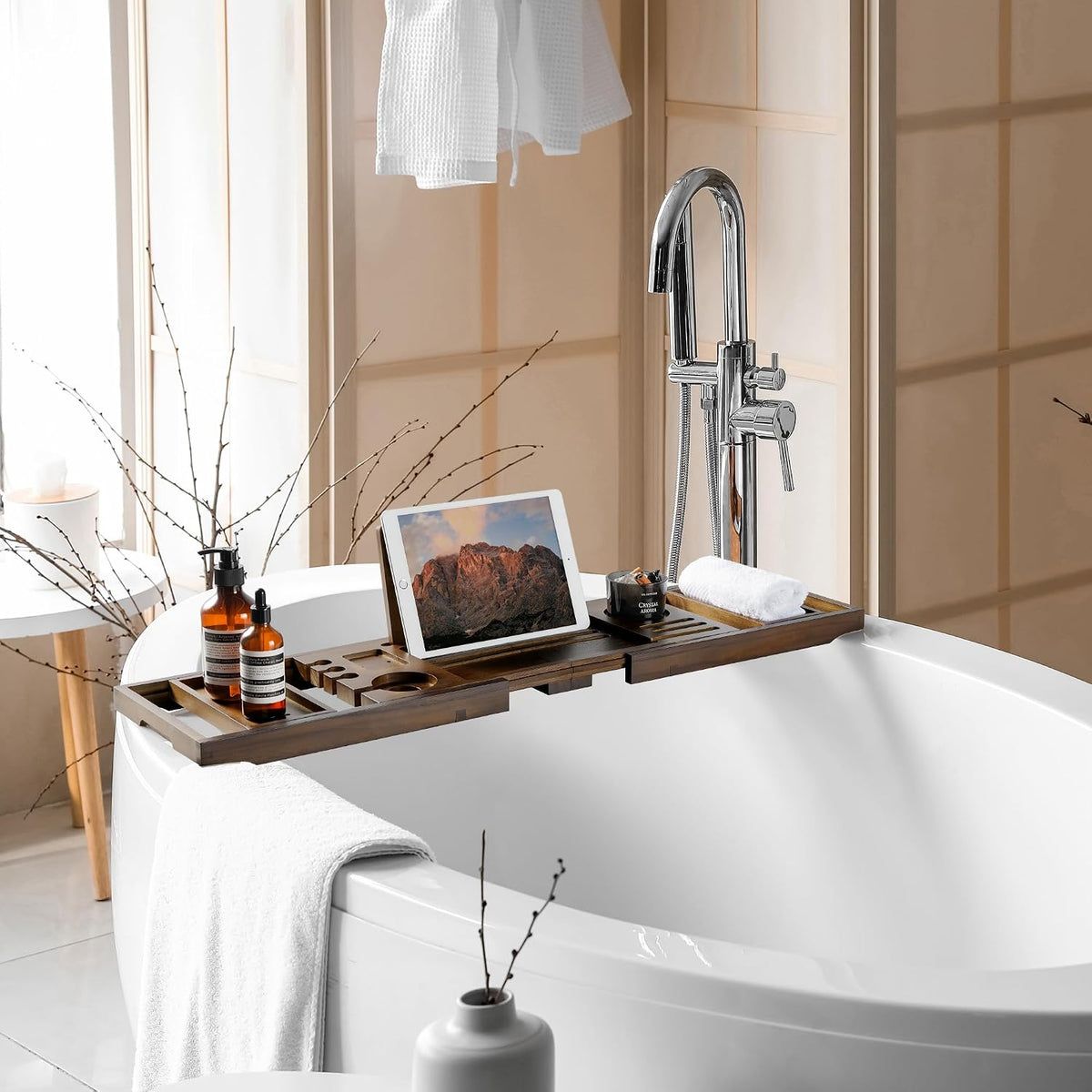 Bamboo Bathtub Tray Caddy, Adjustable Walnut Finish 28.5‑40"