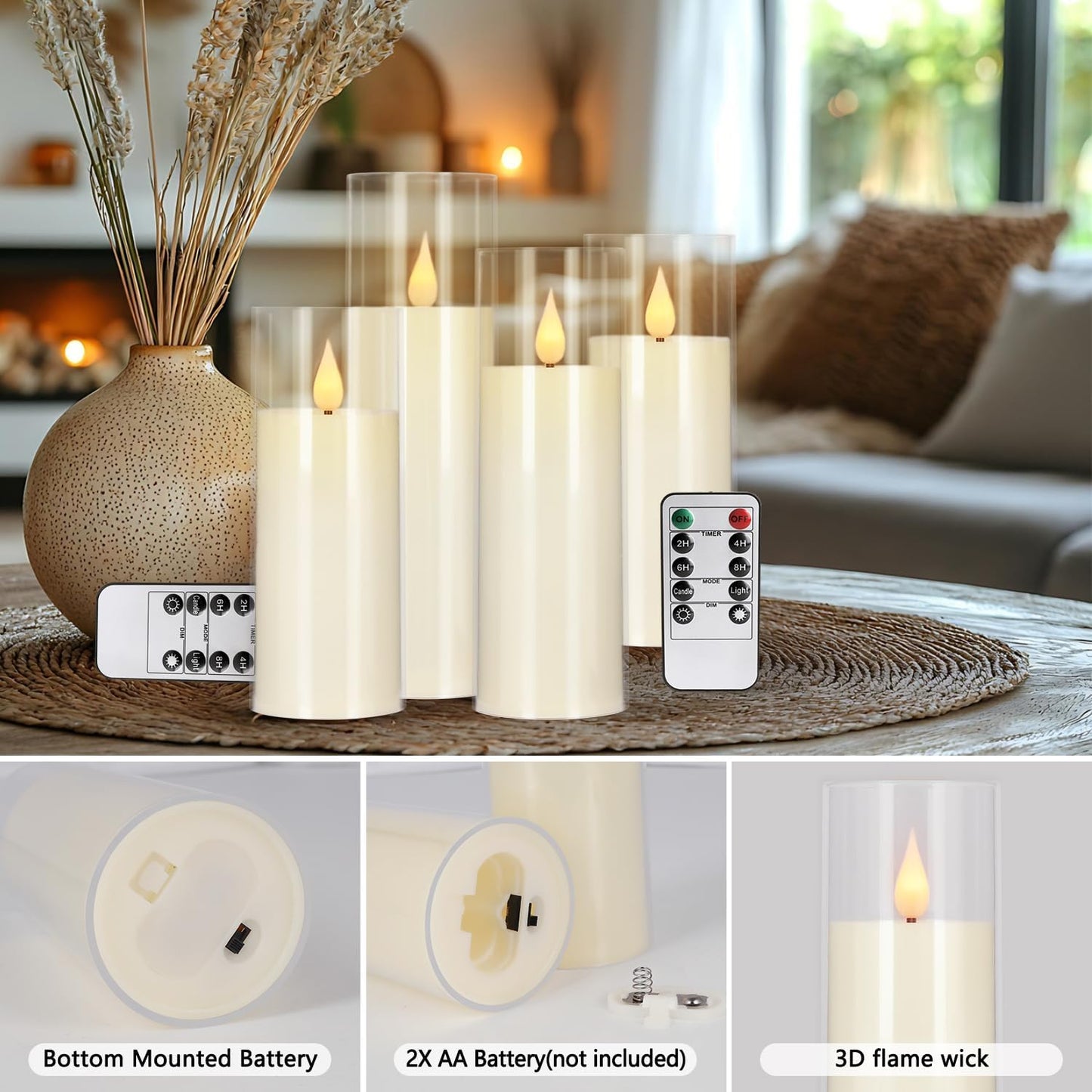 24 Pcs LED Flameless Candles with Remote, 3D Flickering Flame & LED String Lights, Acrylic Clear Cylinder, Timer Function, Romantic Ambience for Home Decor, Party, Wedding (Ivory).
