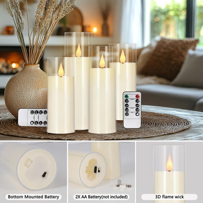 24 Pcs LED Flameless Candles with Remote, 3D Flickering Flame & LED String Lights, Acrylic Clear Cylinder, Timer Function, Romantic Ambience for Home Decor, Party, Wedding (Ivory).