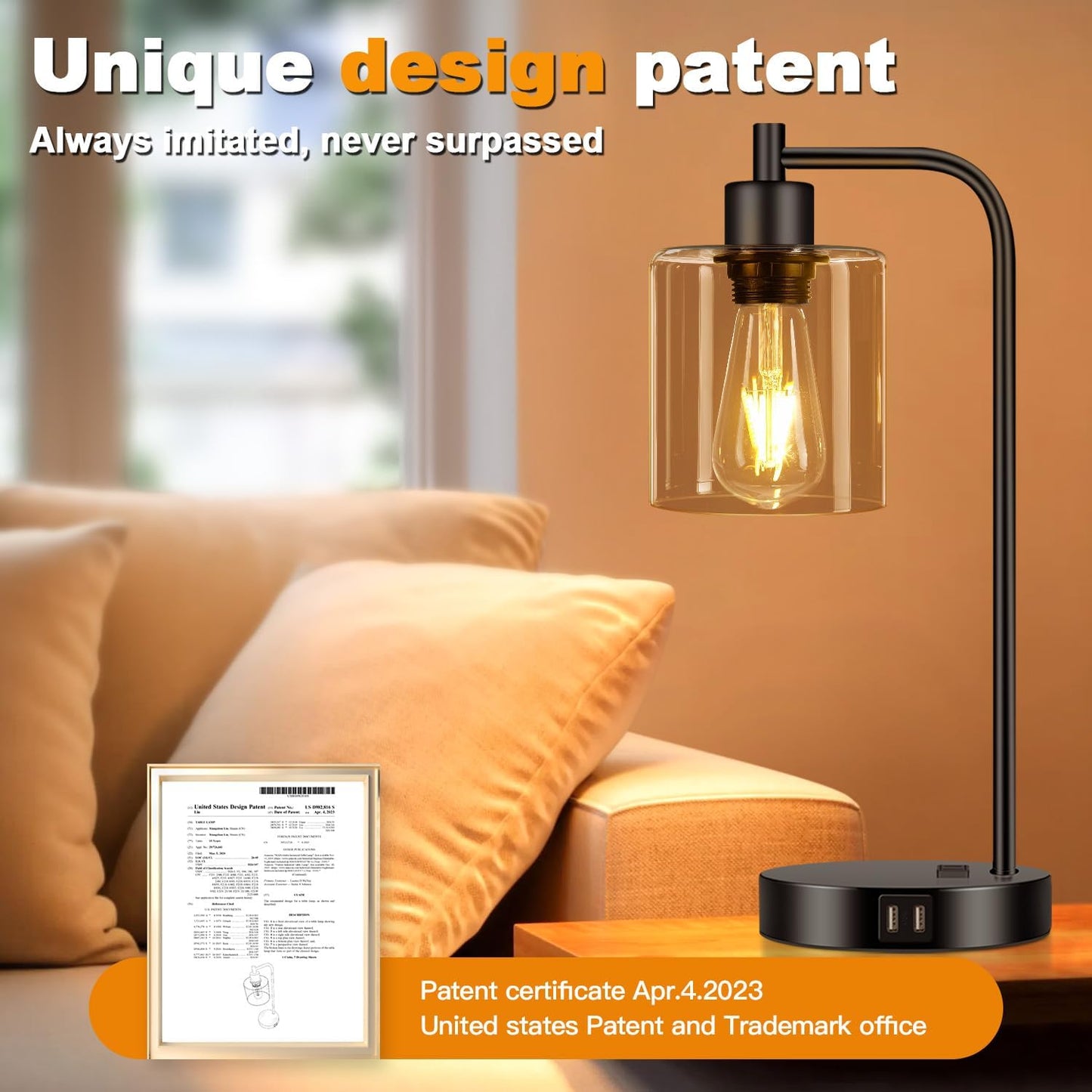 Set of 2 Industrial Touch Control Table Lamps with USB C+A Ports and AC Outlet - 3-Way Dimmable Black Bedside Lamps Nightstand Desk Lamps for Bedroom Living Room, Glass Shade & 2 LED Bulbs Included