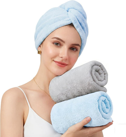 Mandydov 100% Cotton Hair Towel Wrap for Women, 2 Pack Thickened & Super Absorbent Turbans, Anti Frizz Quick Dry Hair Towels (Blue, Pink Blush)