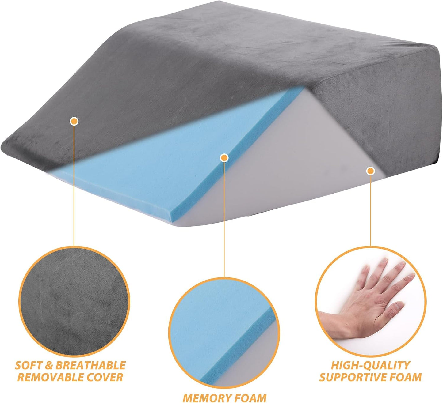 Bedluxe Leg Pillow Elevation Blood Circulation, Wedge Pillow for Legs Swelling, Leg Elevating Wedge Pillow for After Surgery, Foot Knee Pillow for Leg Rest, Sleeping, Memory Foam Top, 8in, White/Grey