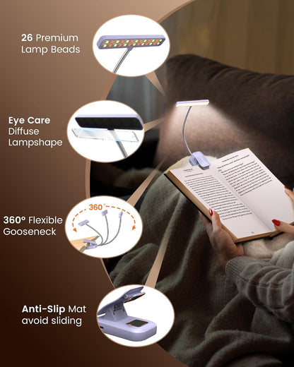 Glocusent 26 LED Rechargeable Book Light for Reading in Bed, Eye-Caring 5 Amber Colors and Stepless Dimming, Lasts 1 Week to a Months, Travel Clip on Lamp Gifts for Book Lovers, Men, Women & Kids