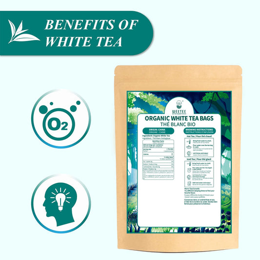 WT WEETEE Organic White Tea Bags 100ct, Low Caffeine & Rich Antioxidants