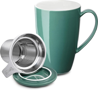 Sweese 15oz Porcelain Tea Mug with Infuser and Lid – Microwave Safe, Ergonomic Handle, Lead-Free Glaze, for Loose Leaf Tea