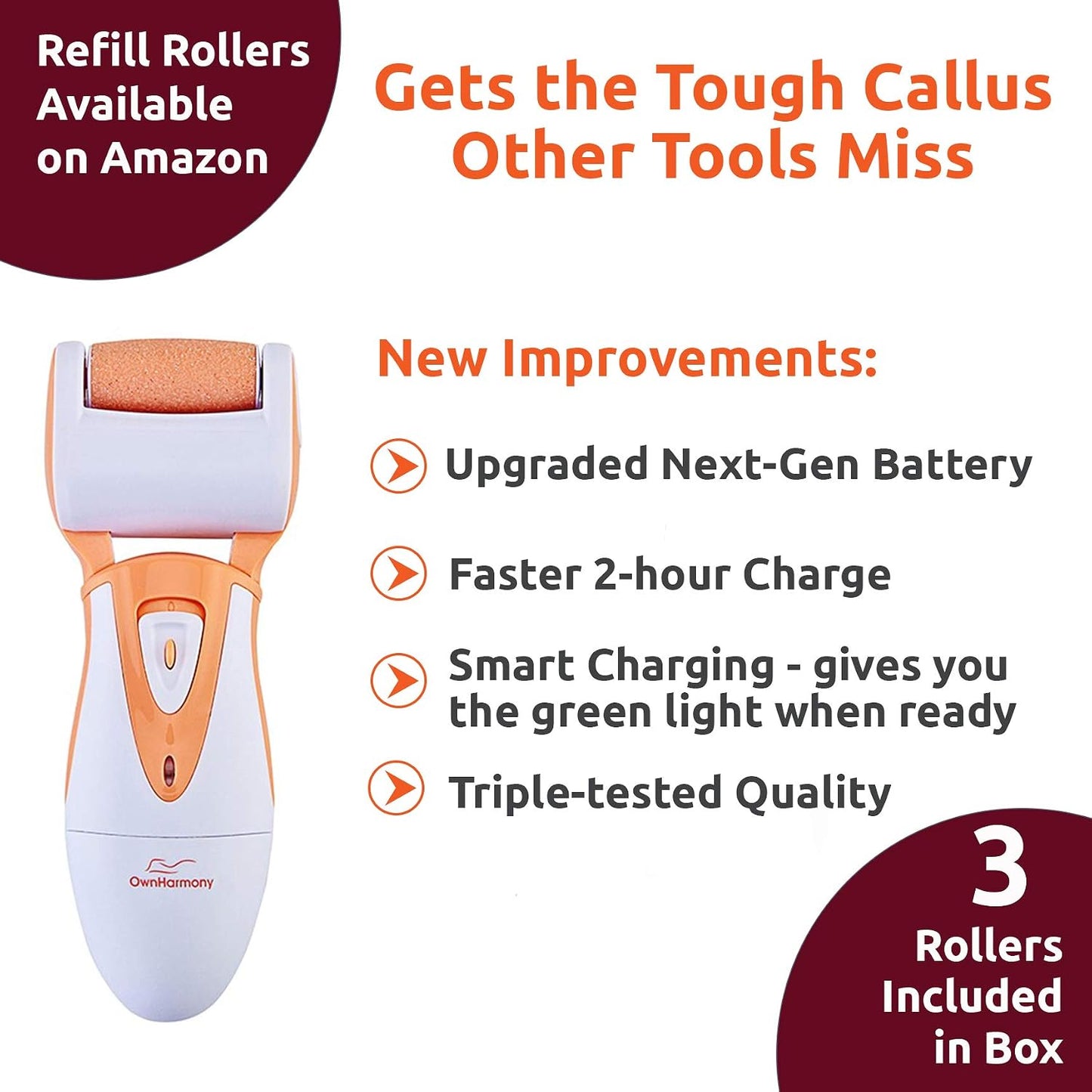 Electric Callus Remover: Rechargeable Electronic Foot File CR900 by Own Harmony (Powerful Motor) Best Pedicure Tools w 3 Rollers Professional Pedi Feet Care Sander for Cracked Heels and Hard Skin