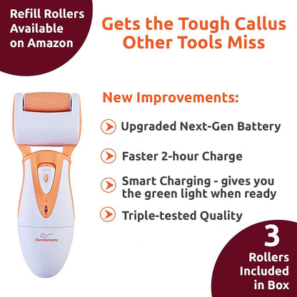 Electric Callus Remover: Rechargeable Electronic Foot File CR900 by Own Harmony (Powerful Motor) Best Pedicure Tools w 3 Rollers Professional Pedi Feet Care Sander for Cracked Heels and Hard Skin