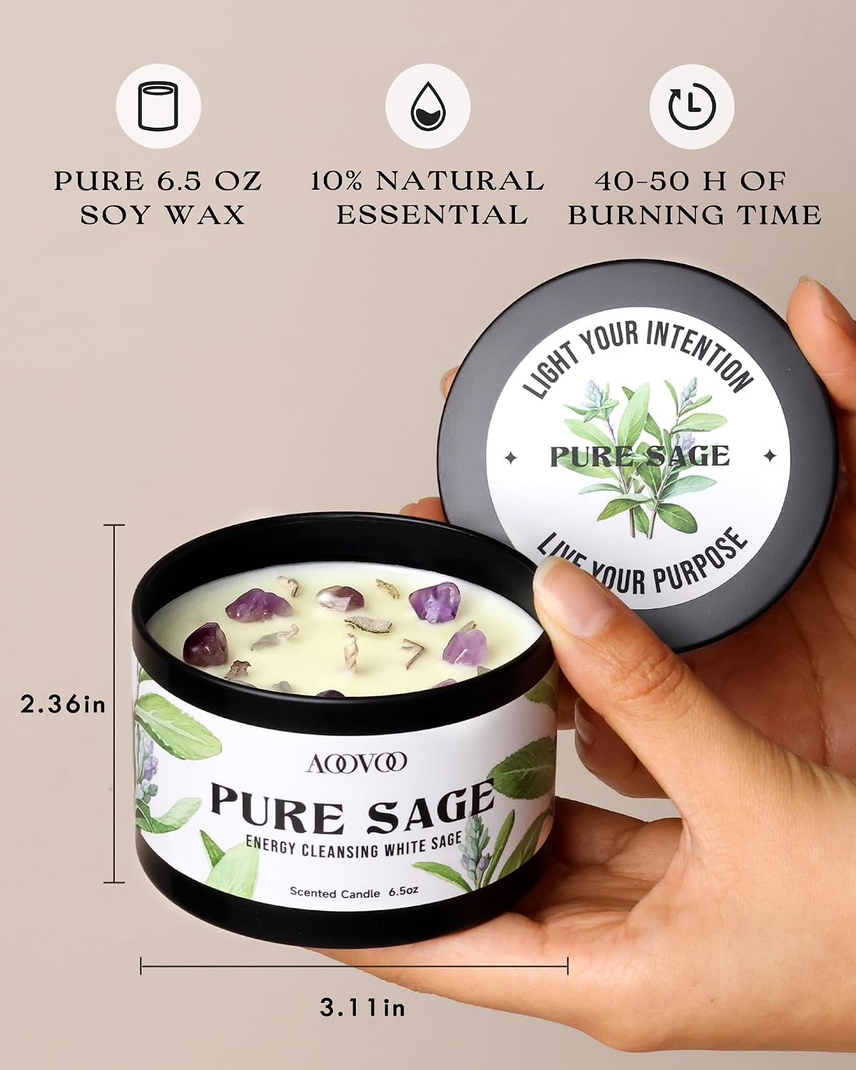 AOOVOO Sage Candle for Cleansing - 3 Wick 12oz Large Scented Candle with Crystals & Sage Leaves Inside, Soy Candles Non Toxic for Meditation Spiritual Gift, Aromatherapy Candle for Women Men