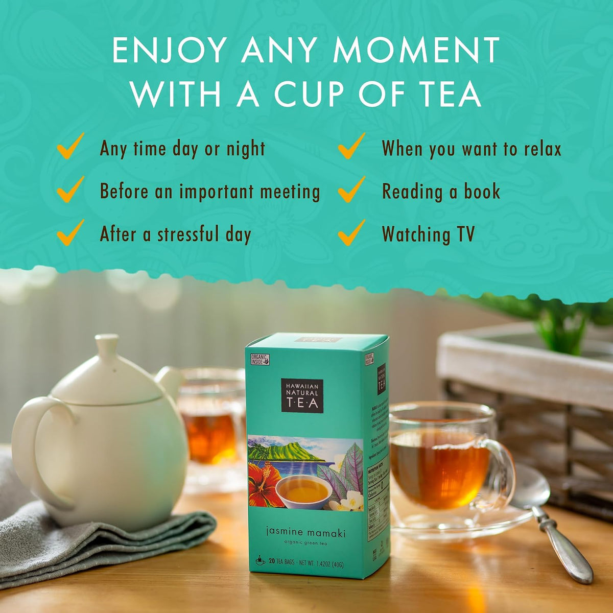 Hawaiian Natural Tea Organic Mamaki Jasmine Green Tea Blend - 20 Bags