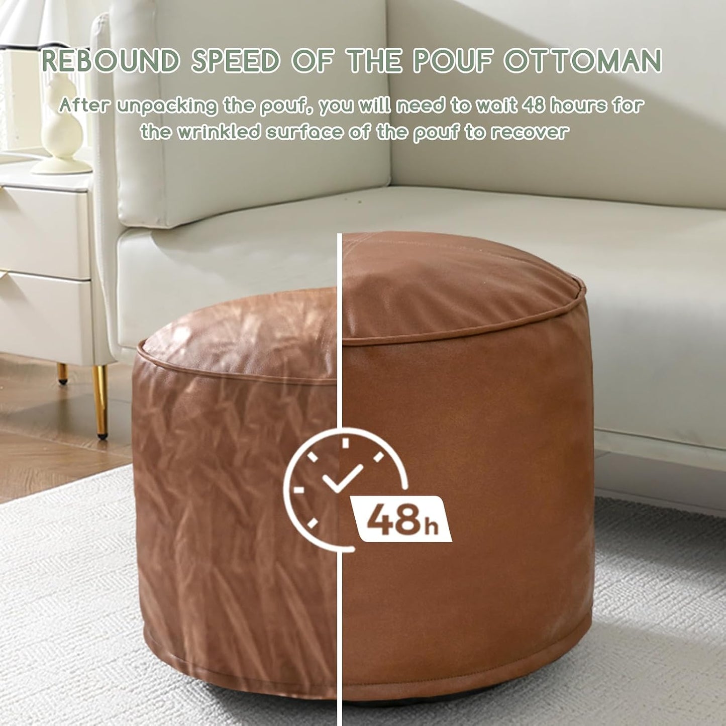 HIGOGOGO Round Stuffed Pouf Ottoman, Pu Leather Poufs with Foam Chunk Filling, Furry and Fluffy Pouf Foot Stool Storage Ottoman, 20 X 15 Floor Poufs Foot Rest for Living Room,Dark Brown
