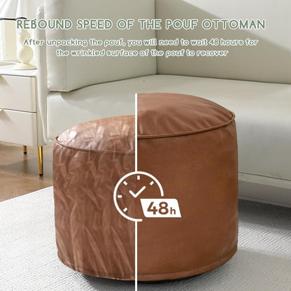HIGOGOGO Round Stuffed Pouf Ottoman, Pu Leather Poufs with Foam Chunk Filling, Furry and Fluffy Pouf Foot Stool Storage Ottoman, 20 X 15 Floor Poufs Foot Rest for Living Room,Dark Brown