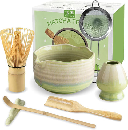 JBER Matcha Whisk Set, Ceramic Matcha Set Includes Bowl & Holder, Bamboo Whisk (Chasen), Sifter, Scoop, Spoon & Rest - 7PCS Matcha Kit Gift for Matcha Lovers & Beginners, Gradient Pink
