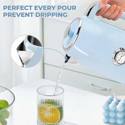SUSTEAS Electric Kettle - 57oz Hot Tea Water Boiler with Thermometer, 1500W Fast Heating Stainless Steel Pot, Cordless LED Indicator, Auto Shut-Off & Boil Dry Protection, Retro Green