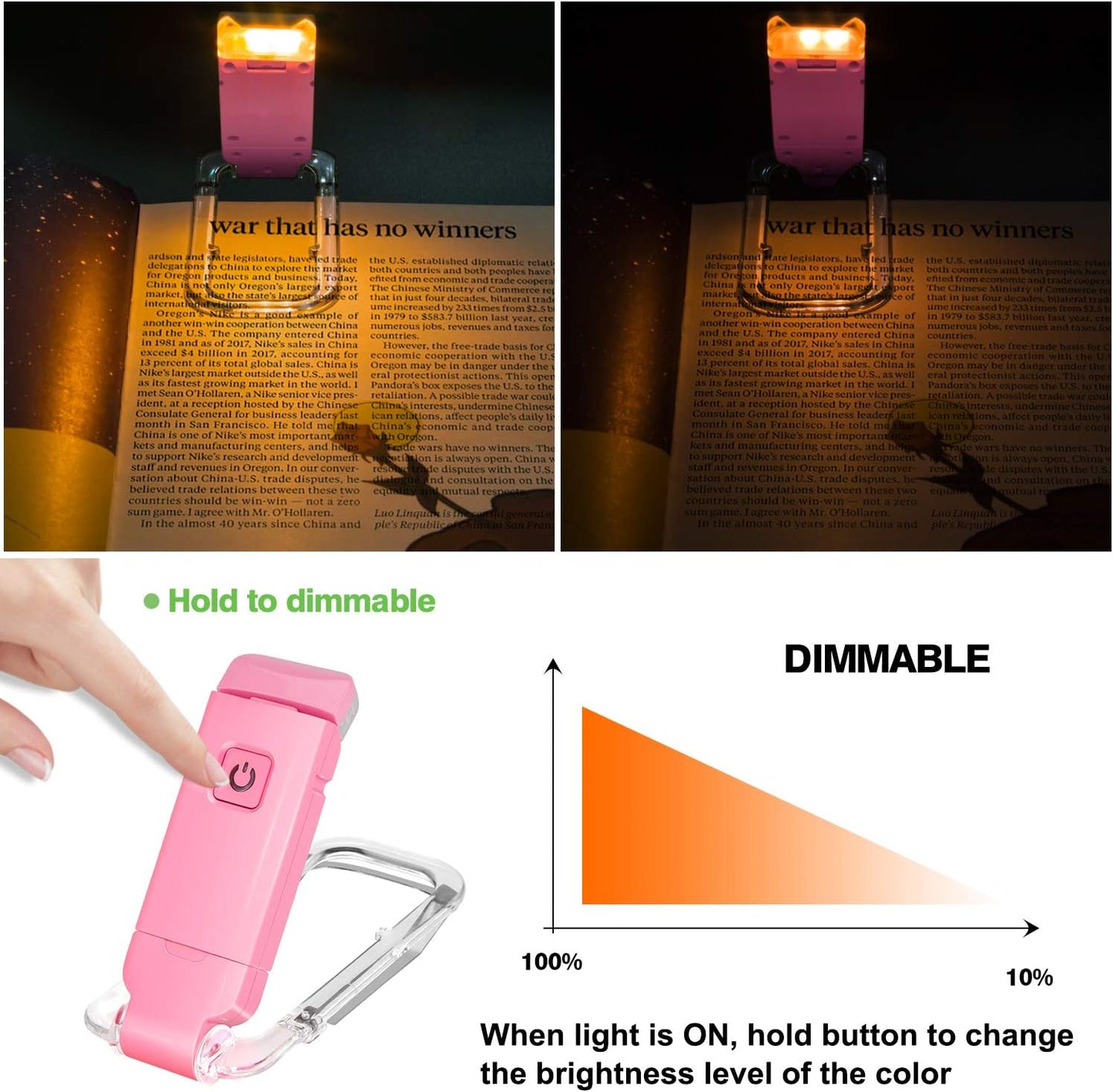 BIGLIGHT Amber Book Reading Light, LED Clip on Book Lights, Reading Lights for Books in Bed, Small Book Light for Kids, USB Rechargeable, 2 Brightness Adjustable for Eye Protection, Orange