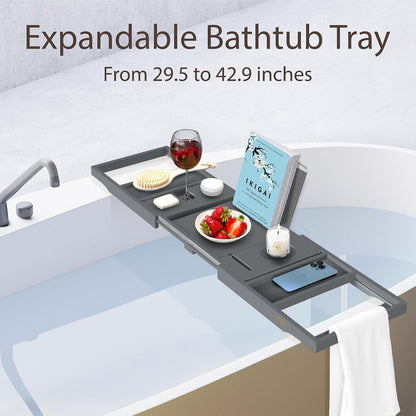 Bambüsi Bathtub Tray for Tub - Brown Bamboo Bath Tray, Expandable Wooden Bath Caddy Tray with Wine Holder, Book and Tablet Stand, Bathroom Accessories, Tub Table, Spa Bath Gifts for Women and Couples