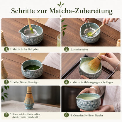 Buucup Matcha Whisk Set, Ceramic Matcha Kit Set Includes Matcha Bowl, Matcha Whisk and Holder, Bamboo Scoop, Scoop Rest, Sifter and Tea Towel - 7 Pcs Matcha Kit for Matcha Lovers (Mottled Green)