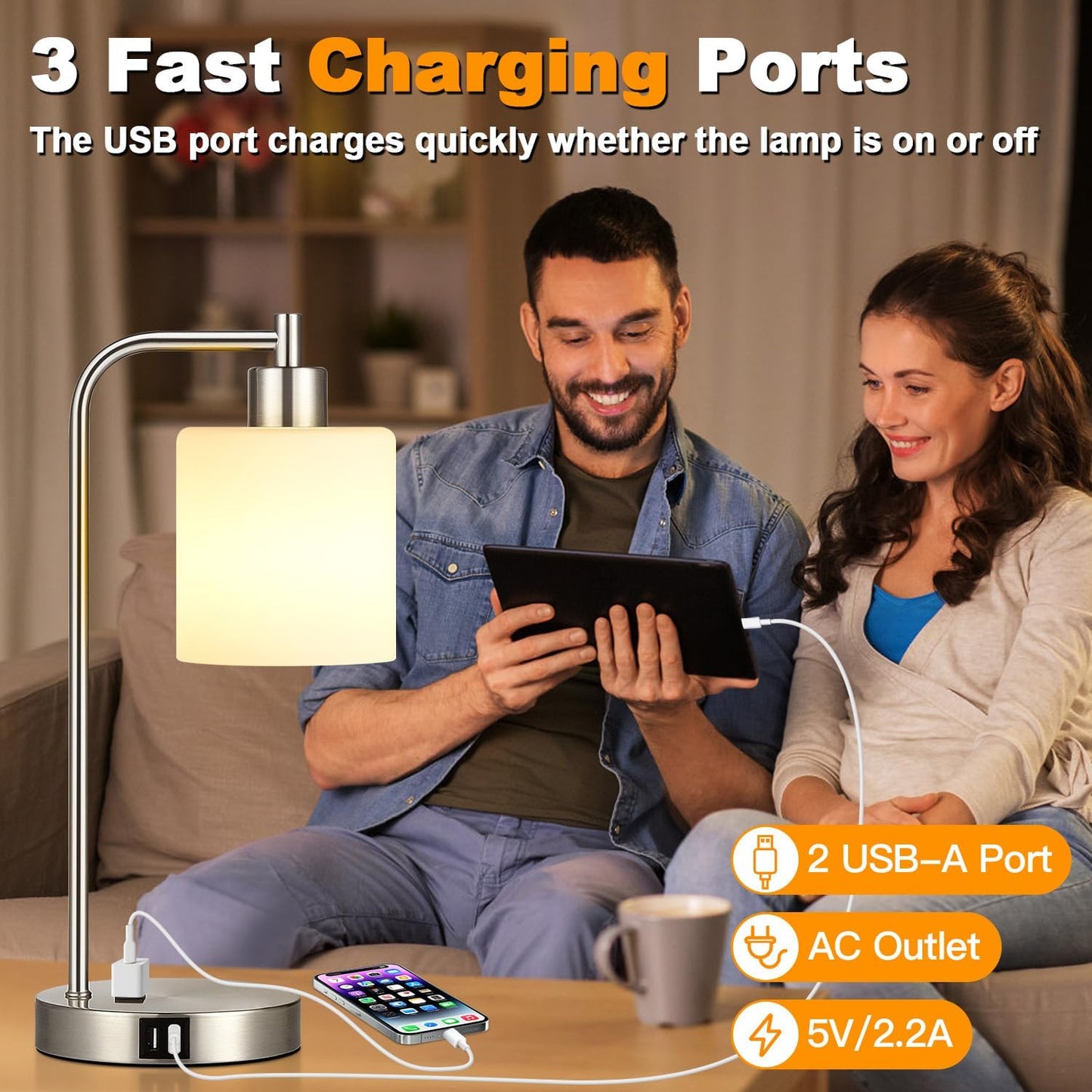 Set of 2 Industrial Touch Control Table Lamps with USB C+A Ports and AC Outlet - 3-Way Dimmable Black Bedside Lamps Nightstand Desk Lamps for Bedroom Living Room, Glass Shade & 2 LED Bulbs Included
