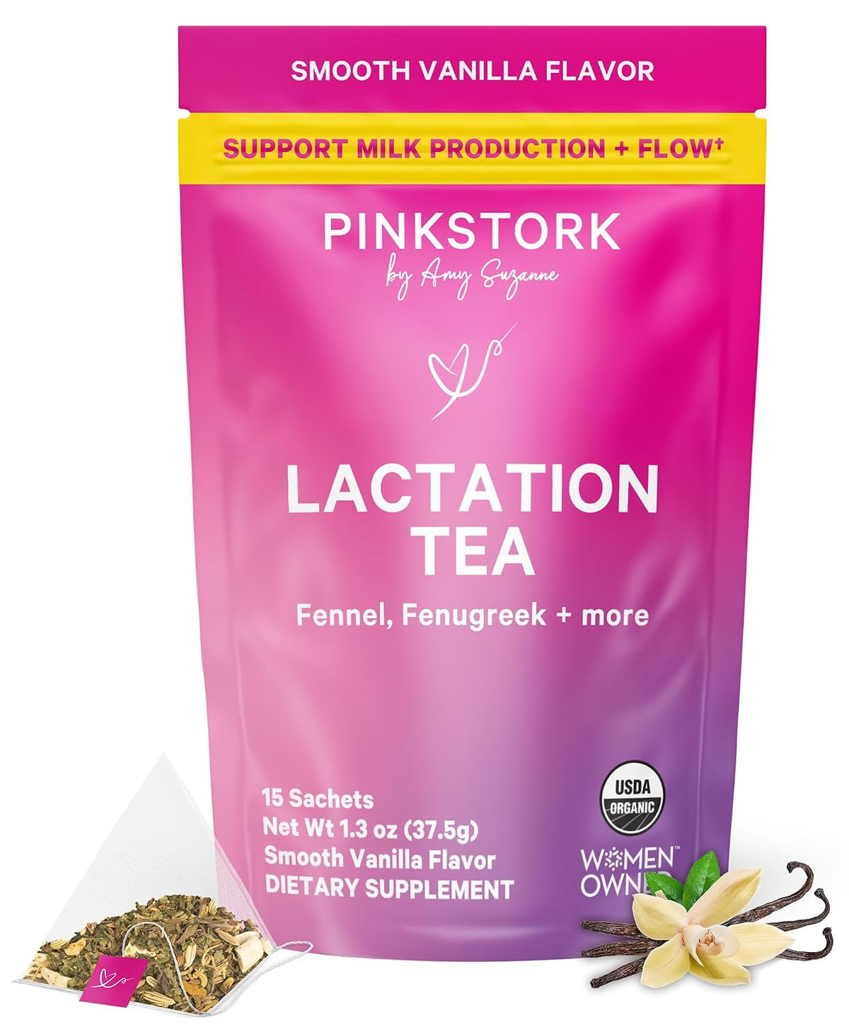 Pink Stork Organic Lactation Tea, Smooth Vanilla, Caffeine-Free, 15 Sachets
