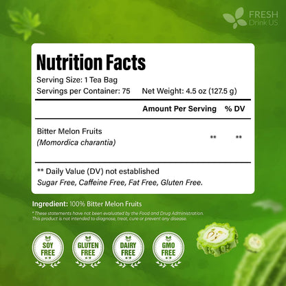 FreshDrinkUS, Premium 135 Bitter Melon Tea Bags, 100% Natural & Pure, Herbal Tea, Daily Infusion Botanical, No Sugar, No Caffeine, No Gluten, Vegan. Rich in Antioxidants