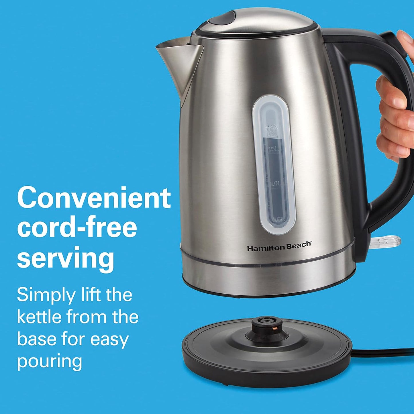 Hamilton Beach Electric Tea Kettle, Water Boiler & Heater, 1.7 Liter, Cordless Serving, 1500 Watts for Fast Boiling, Auto-Shutoff and Boil-Dry Protection, Red with LED Light Ring (41060)