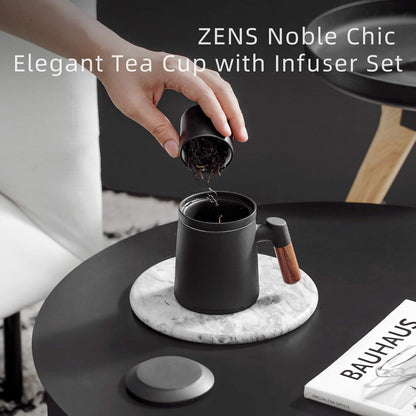 ZENS Embossed Ceramic Tea Mug with Infuser and Lid, 14.5 oz Wooden Handle, Loose Leaf Tea Steeper Cup & Strainer for Tea Lovers Gifts