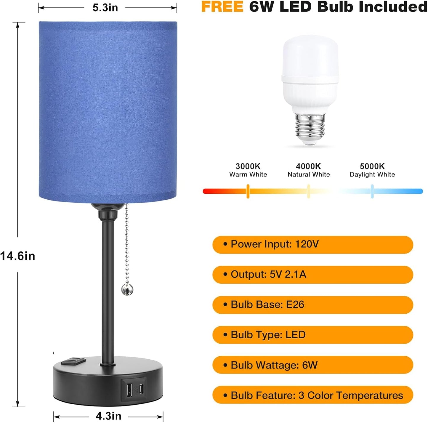 Small Bedside Table lamp for Bedroom - 3 Color Temperatures Bedside Lamps with USB C and A Ports, Pull Chain Table Lamps with AC Outlet, White Nightstand Lamps with Black Metal Base for Kids Reading