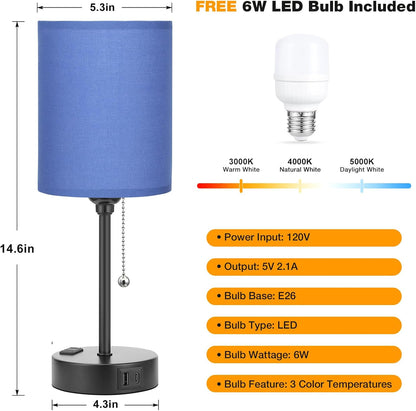 Small Bedside Table lamp for Bedroom - 3 Color Temperatures Bedside Lamps with USB C and A Ports, Pull Chain Table Lamps with AC Outlet, White Nightstand Lamps with Black Metal Base for Kids Reading