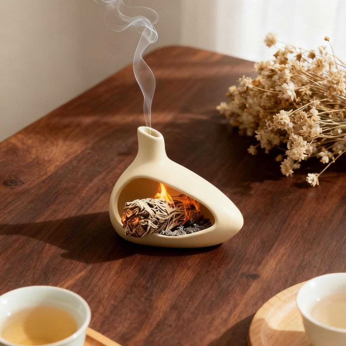 Palo Santo Holder, Ceramic Incense Burner for Sticks Sage Holders Cone Burning Smudge Bowl with Ash Brush for Meditation Yoga Spa Room Decor (White)