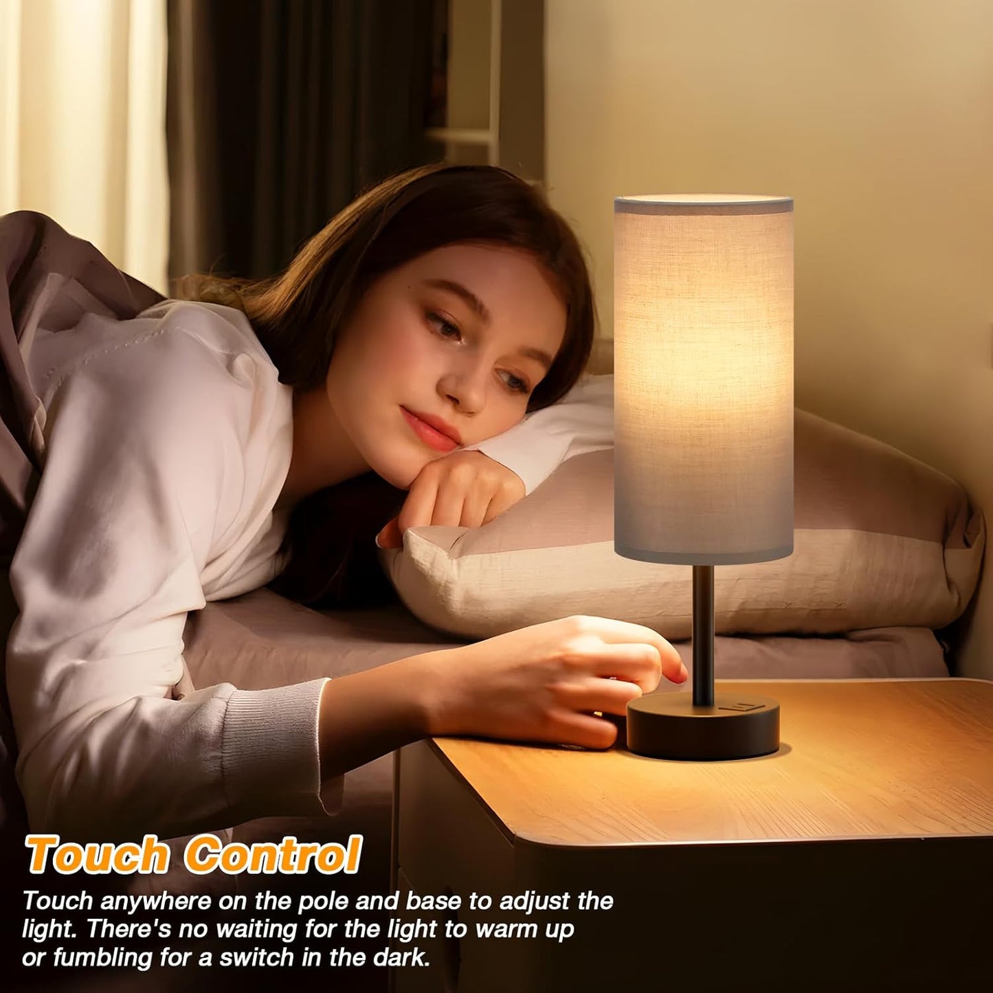 Dicoool Touch Bedside Table Lamp with USB - 3 Way Dimmable Wood Lamp for Bedroom Nightstand, Desk Lamp with Charging Station for Dorm, Living Room, Office, Kids Room, Small, 14in