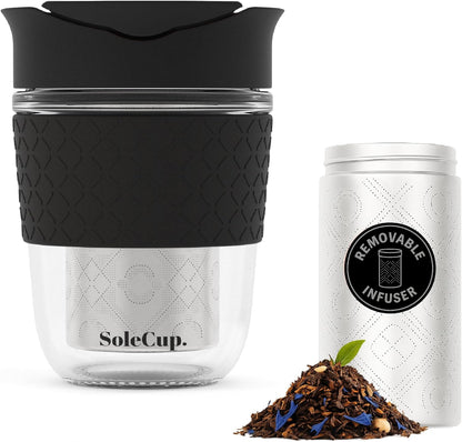 Large Travel Mug Loose Tea Infuser - Detachable Tea Strainer with Spill Proof Lid - 18oz/530ml BPA-Free Reusable Glass Travel Coffee Cup with Silicone Band (Ice Cream, 18oz)