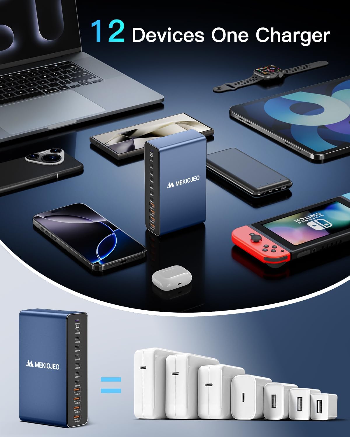 12 Ports Aluminum Alloy MEKIOJEO 380W Charging Station USB C Charger Block