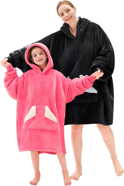 Touchat Wearable Blanket Hoodie, Oversized Sherpa Blanket Sweatshirt with Hood Pocket and Sleeves, Super Soft Warm Plush Hooded Blanket for Adult Women Men, One Size Fits All (Pink)