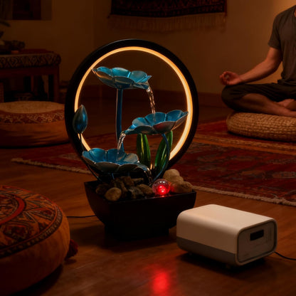 AOZITA Tabletop Fountain, Indoor Waterfall Fountain, Small Home Décor Zen Relaxation Soothing Sound Machine for Office, Living Room, or Bedroom,Blue Metal Lotus with Bud, River Rocks,Round LED