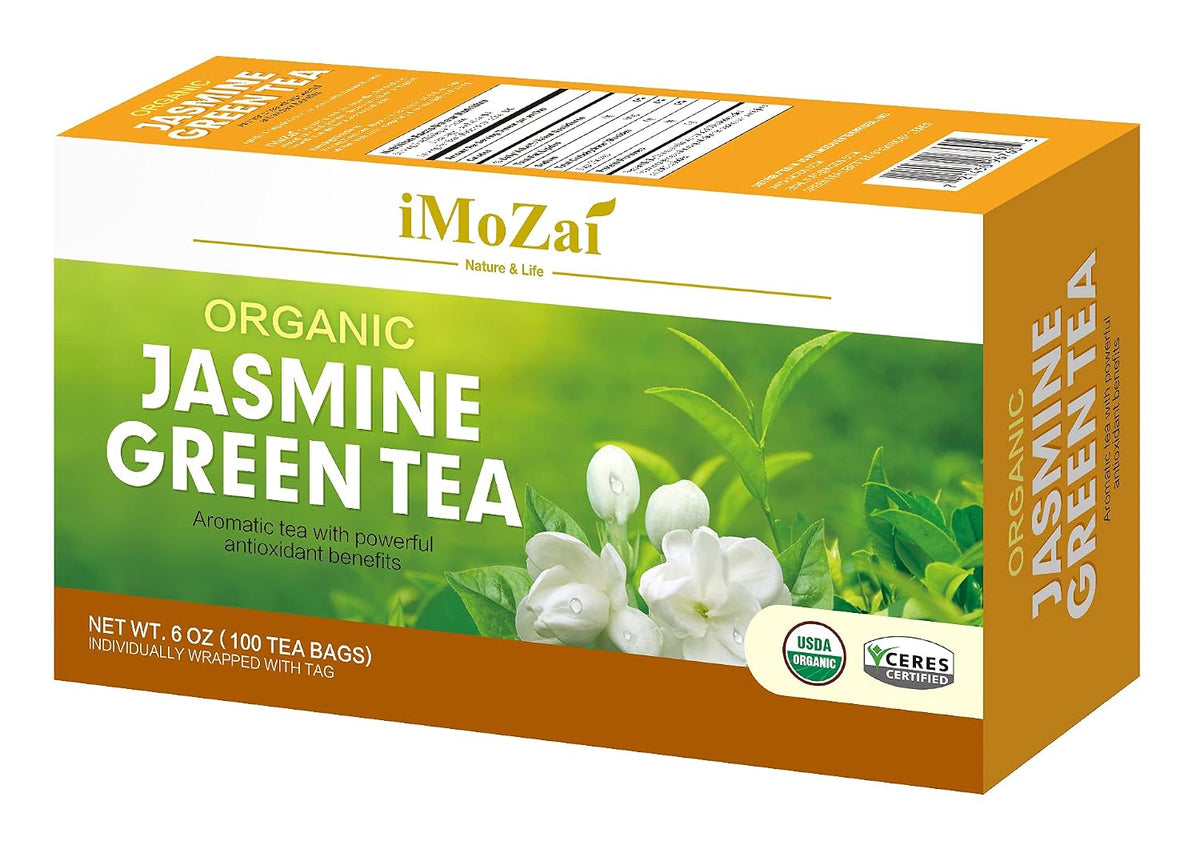 Imozai Organic Jasmine Green Tea Bags 100 Count Individually Wrapped | Lower Caffeine | Floral Aroma & Taste