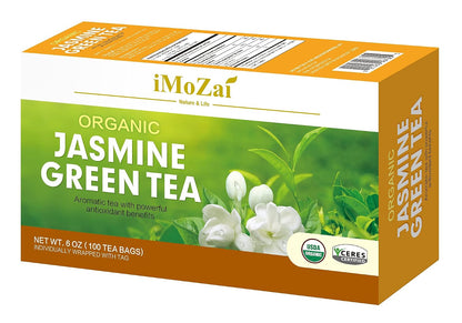 Imozai Organic Jasmine Green Tea Bags 100 Count Individually Wrapped | Lower Caffeine | Floral Aroma & Taste