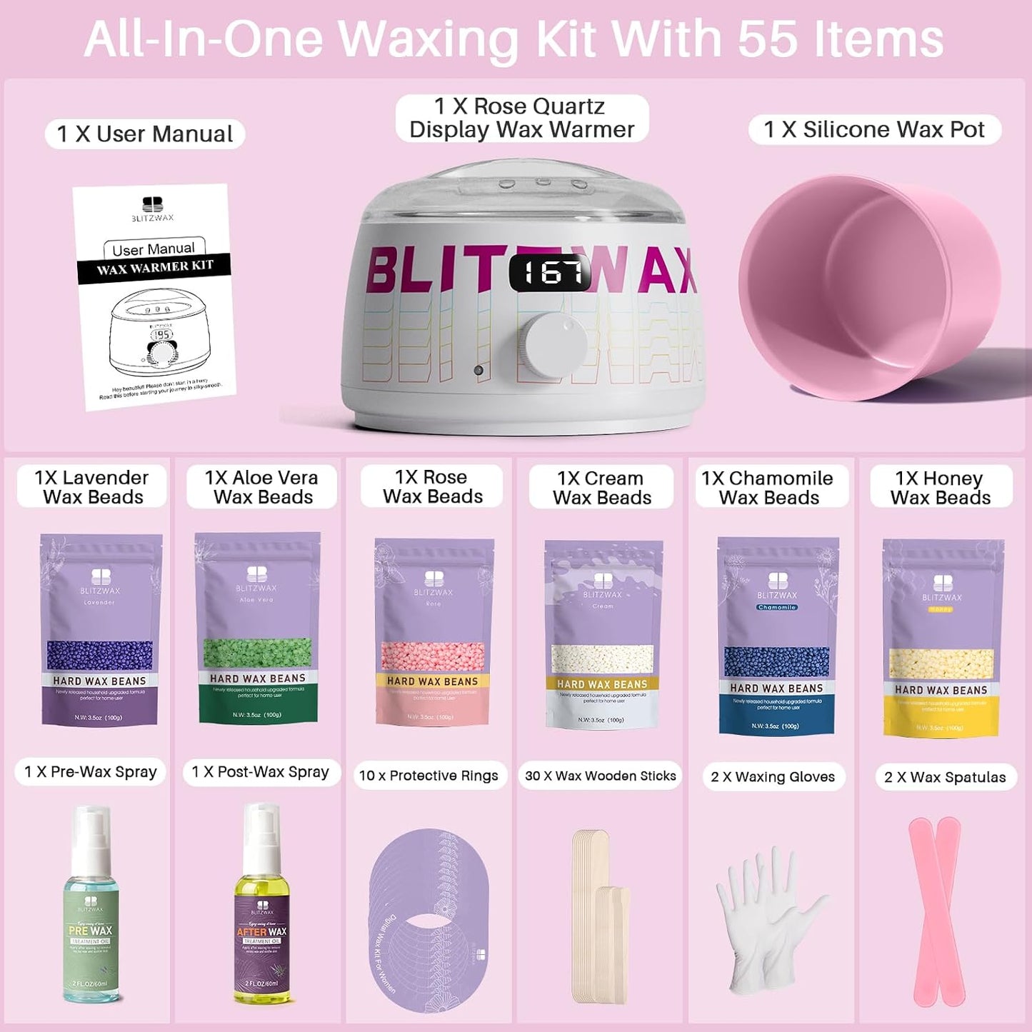 BLITZWAX Brazilian and Bikini Waxing Kit for Women, Hard Wax Warmer for Face, Legs and Body, At Home Hair Removal Kit, Beginner Friendly, Digital Fast Heating, 51 Wax Items