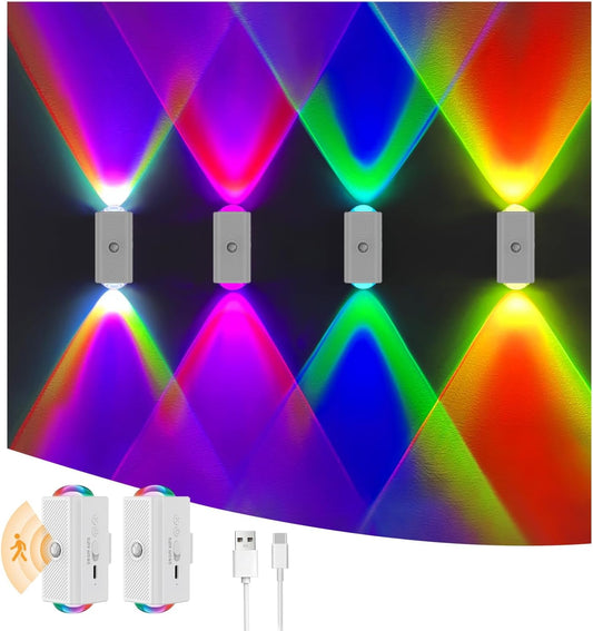 easuntec Motion Sensor Rechargeable Night Light Color Changing, 8 Colors Sunset Projector Lamp, Magnetic Stick-on Wireless Sunset Lamp for Room Decor,USB-C Dimming & No Drill Installation（RGB,2 Pack）