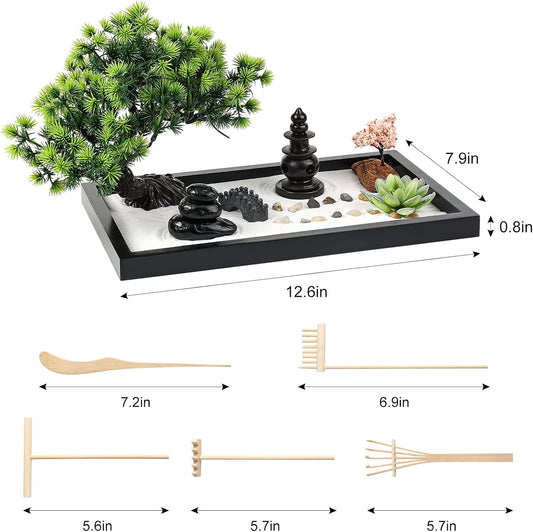 Zen Garden Kit for Desk Decor - Premium Beautiful Japanese Mini Sand Box Set Home, Office with Black Wooden Tray, White Sand, Rake Tools Desktop Meditation, Therapy and Accessories
