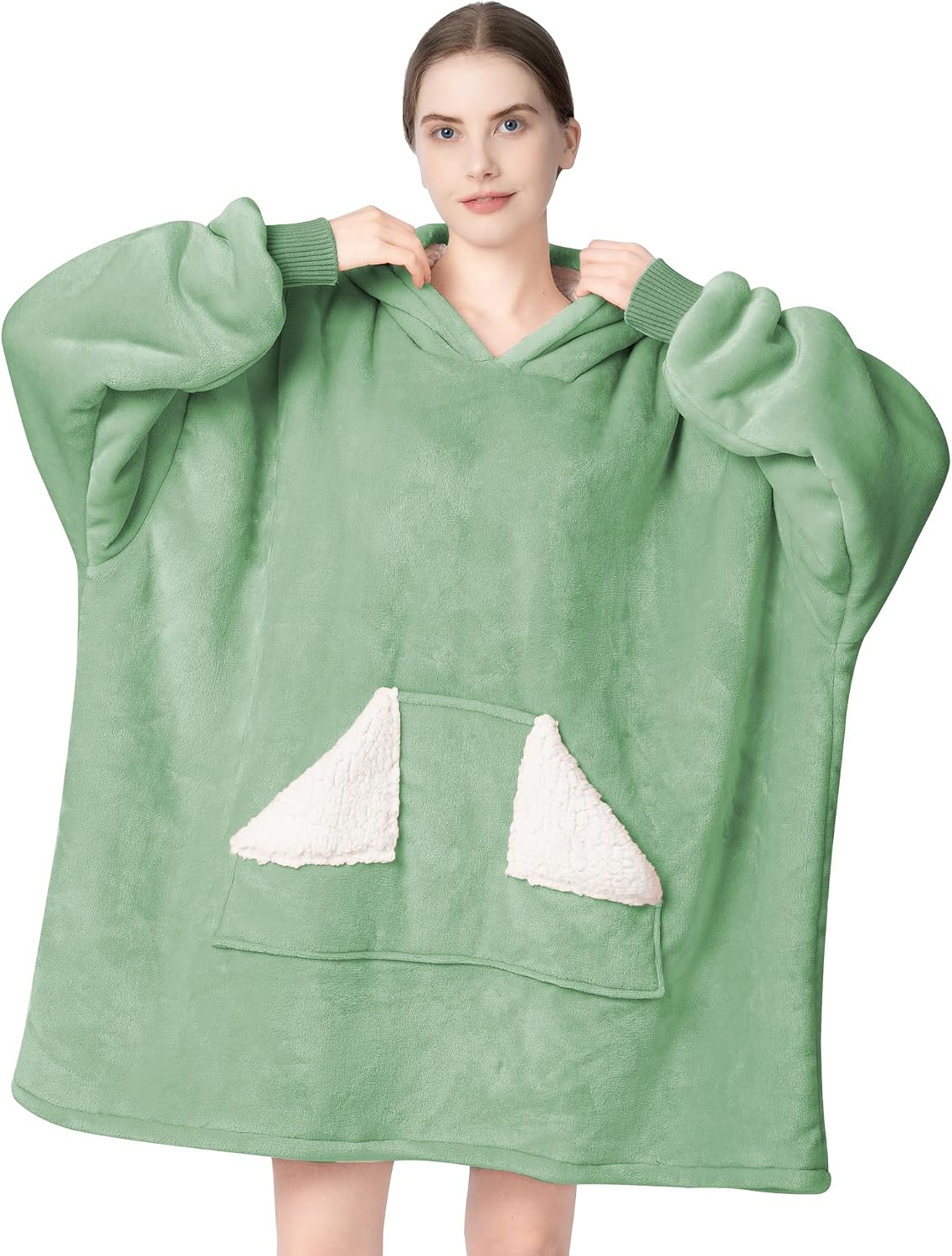 Touchat Wearable Blanket Hoodie, Oversized Sherpa Blanket Sweatshirt with Hood Pocket and Sleeves, Super Soft Warm Plush Hooded Blanket for Adult Women Men, One Size Fits All (Pink)