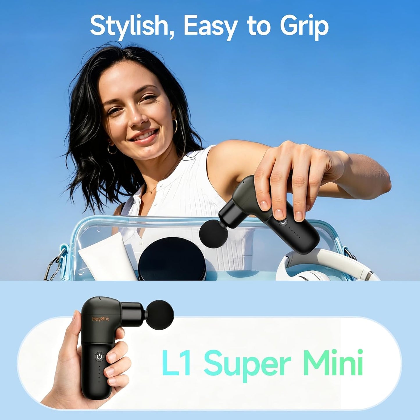 HEYCHY Super Mini Massage Gun, Deep Tissues Percussion Muscle Massager | Compact Sports Travel Massage Gun, FSA Eligible Portable Massager Gun for Her Him, Handheld Massager Gun HSA Eligible Black