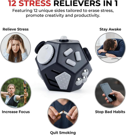 Small Fidget Toys Cube, Small Fidget Toy - 12 Sides Decompression Cube Anti Anxiety and Relief Stress Improve Focus Creative Unique Fidget Toy for Kids and Adults, with Carry Case(Black E1)