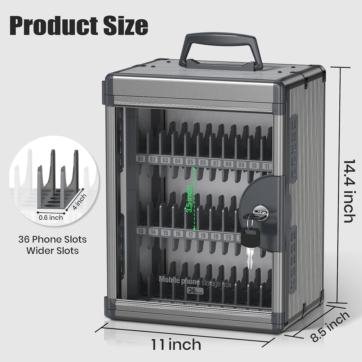 36 Slots Cell Phone Locker for Classroom with Key, Portable Mobile Phone Storage Box with Handle & Charging Hole, Phone Lock Box Wall Mounted for School (Black, 36 Slots)